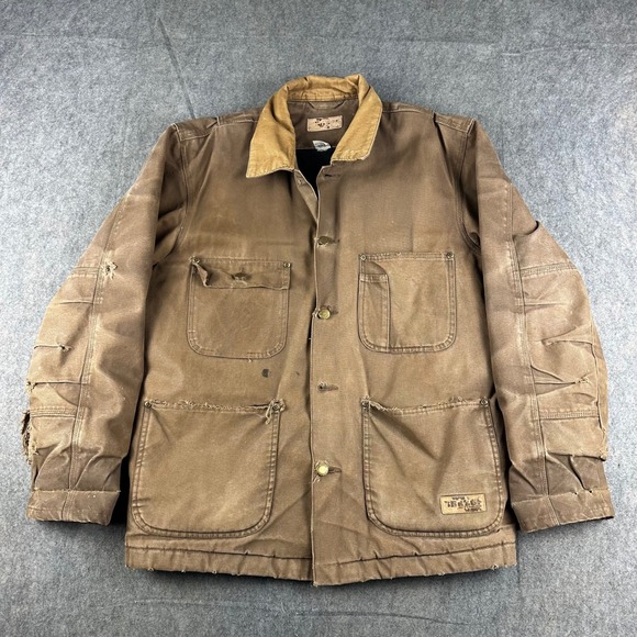 Canvas Barn Chore Jacket Quilt Lined Brown Work Thrash Distress Small OVERSIZED - Picture 2 of 16